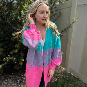 BiBi Color Block Ponpon Sweater Cardigan